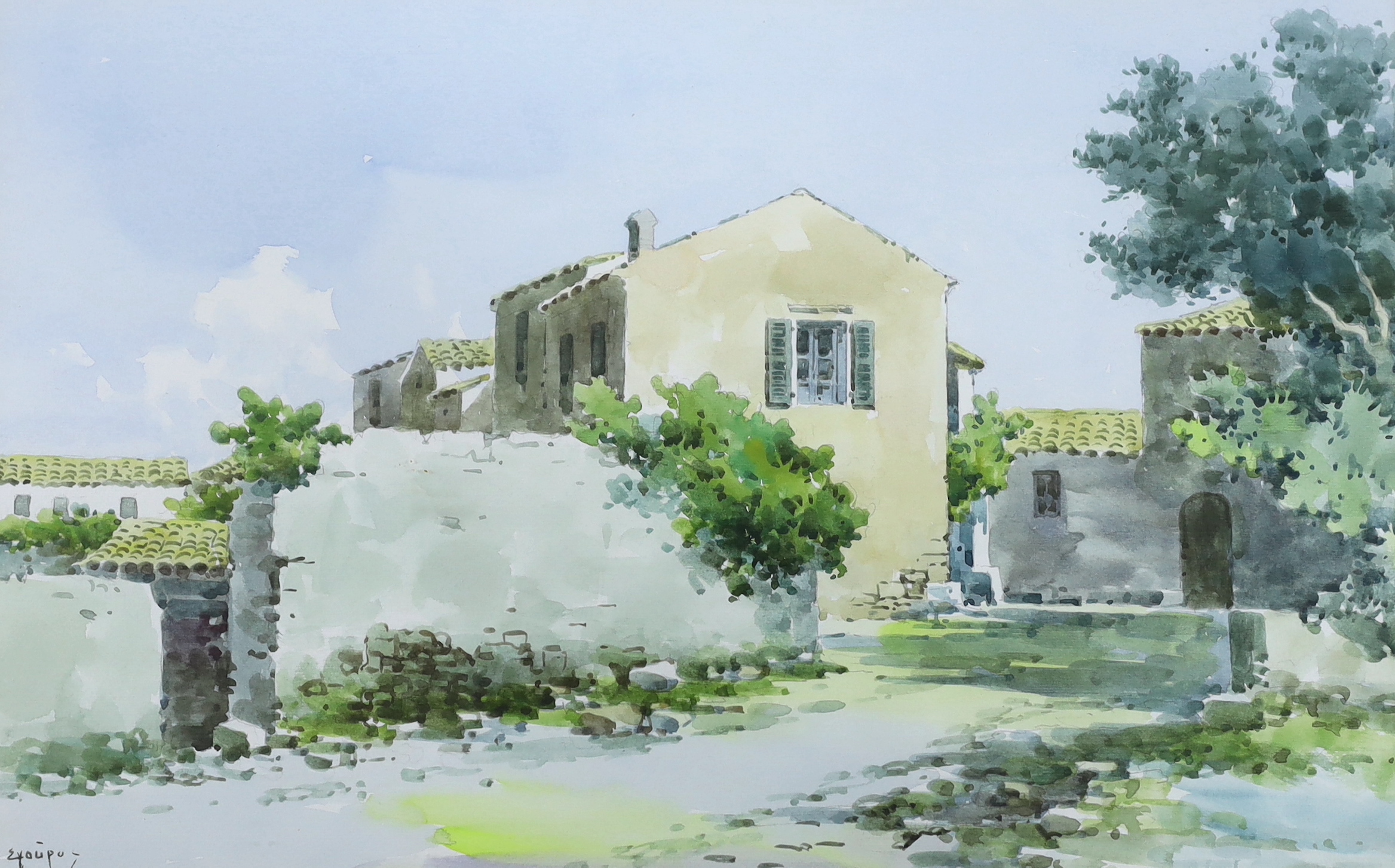 Greek school, pair of watercolours, Street scenes with villas, each signed, 26 x 41cm